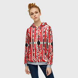Толстовка на молнии женская Бело-красные техно полосы на чёрном фоне, цвет: 3D-меланж — фото 2