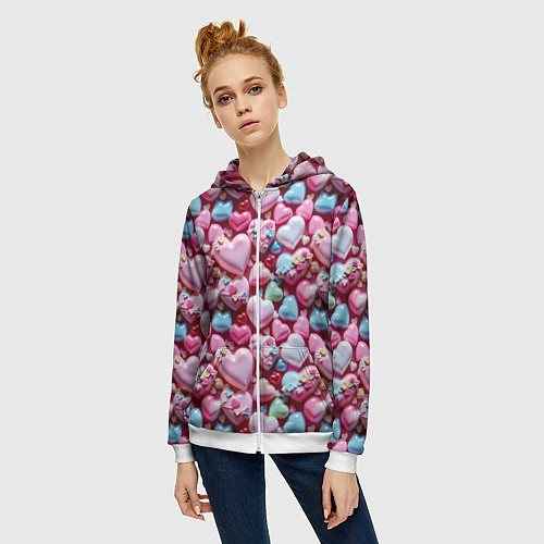 Женская толстовка на молнии Карамельные сердечки / 3D-Белый – фото 3