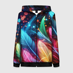 Толстовка на молнии женская Яркие красочные неоновые перья, цвет: 3D-черный