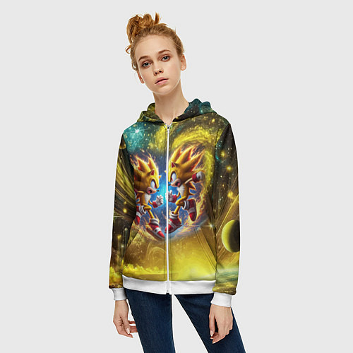 Женская толстовка на молнии Sonic and Shadow battle in space - movie / 3D-Белый – фото 3