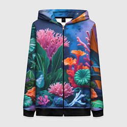Толстовка на молнии женская Подводные кораллы, цвет: 3D-черный