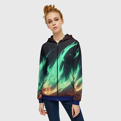 Женская толстовка на молнии Зеленое абстрактное пламя / 3D-Синий – фото 3