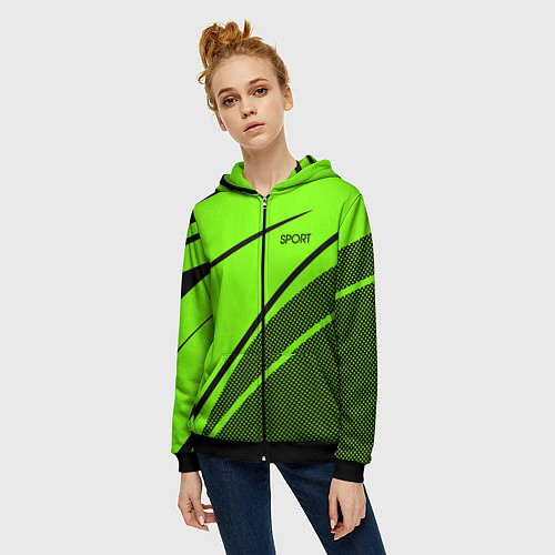 Женская толстовка на молнии Sport ярко-зелёный с чёрным точечный / 3D-Черный – фото 3