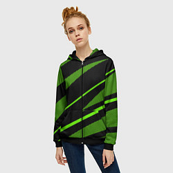 Толстовка на молнии женская Чёрно-зелёный абстрактные полосы, цвет: 3D-черный — фото 2