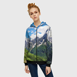 Толстовка на молнии женская Домбай - горный пейзаж на Северном Кавказе, цвет: 3D-черный — фото 2