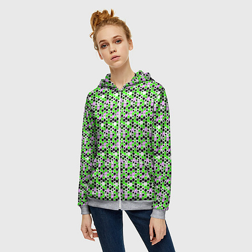 Женская толстовка на молнии Киберпанк шестиугольники зелёные / 3D-Меланж – фото 3