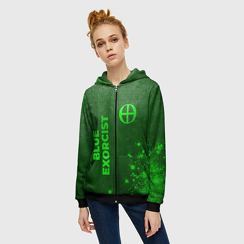 Женская толстовка на молнии Blue Exorcist - green gradient вертикально / 3D-Черный – фото 3