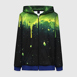 Толстовка на молнии женская Зеленая стекающая краска по черному фону, цвет: 3D-синий