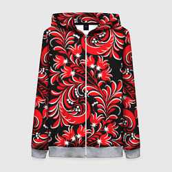 Толстовка на молнии женская Хохлома - красная роспись, цвет: 3D-меланж