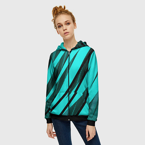 Женская толстовка на молнии Неоновый голубой с чёрным абстракция с полосами / 3D-Черный – фото 3