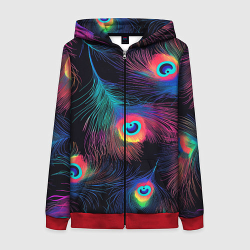 Женская толстовка на молнии Павлиньи перья - разные оттенки / 3D-Красный – фото 1