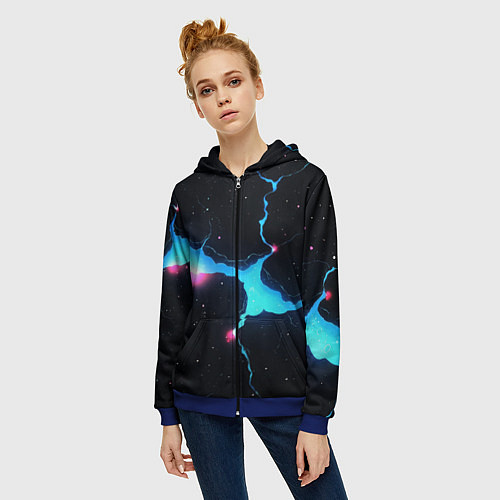 Женская толстовка на молнии Голубой разлом в черной текстуре / 3D-Синий – фото 3