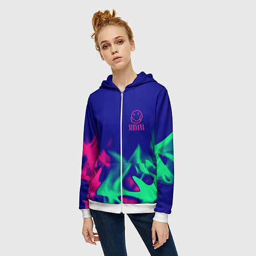 Женская толстовка на молнии Nirvana fire neon / 3D-Белый – фото 3