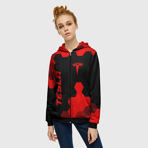 Женская толстовка на молнии Tesla - red gradient вертикально / 3D-Черный – фото 3