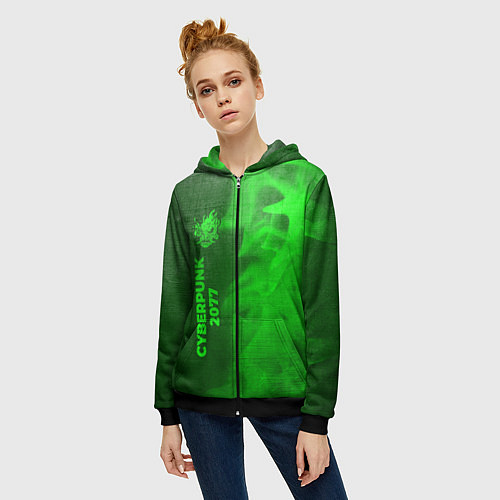 Женская толстовка на молнии Cyberpunk 2077 - green gradient по-вертикали / 3D-Черный – фото 3