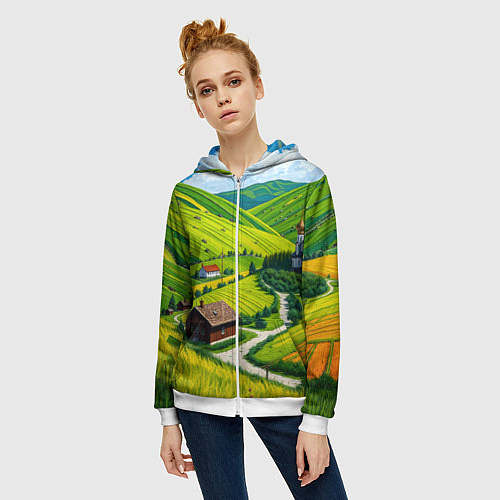 Женская толстовка на молнии Русская душа и поле / 3D-Белый – фото 3