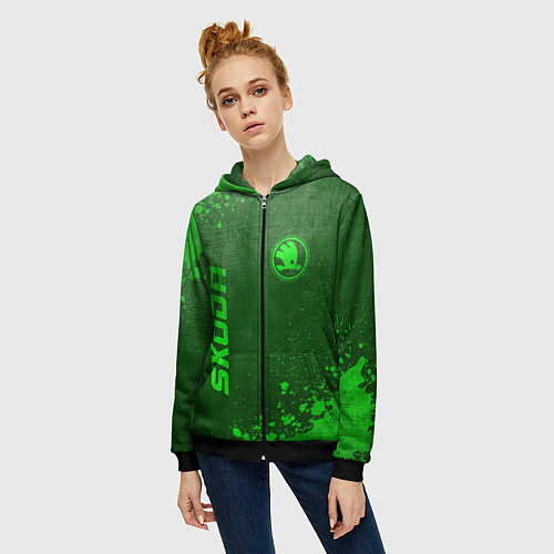 Женская толстовка на молнии Skoda - green gradient вертикально / 3D-Черный – фото 3