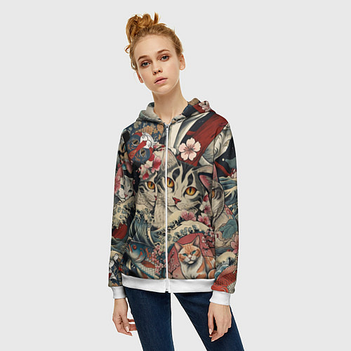 Женская толстовка на молнии Котики и рыбки в сакуре / 3D-Белый – фото 3