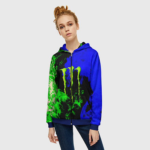 Женская толстовка на молнии Monster energy кислотный огонь / 3D-Синий – фото 3