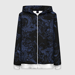 Толстовка на молнии женская Синий дракон на черном, цвет: 3D-белый