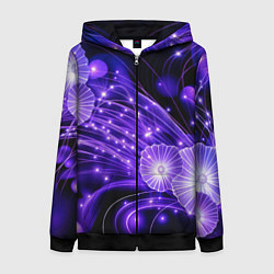 Толстовка на молнии женская Силуэты цветов на темном фоне - фиолетовое свечени, цвет: 3D-черный