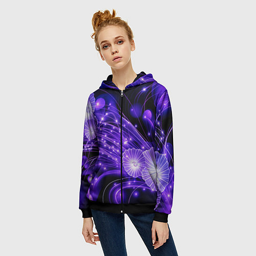 Женская толстовка на молнии Силуэты цветов на темном фоне - фиолетовое свечени / 3D-Черный – фото 3