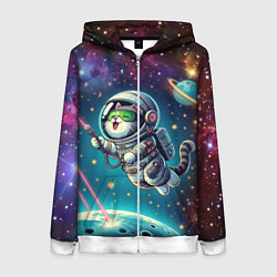 Толстовка на молнии женская Котик в космосе с лазерным пистолетом, цвет: 3D-белый