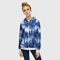 Толстовка на молнии женская Силуэты деревьев и отражения - акварельный лесной, цвет: 3D-белый — фото 2
