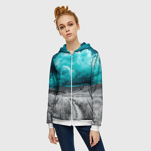 Женская толстовка на молнии Монохромное поле и сине-зеленое небо - природный п / 3D-Белый – фото 3