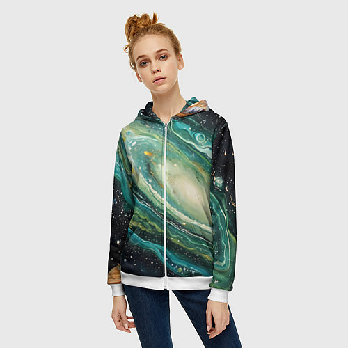 Женская толстовка на молнии Зеленая вселенная / 3D-Белый – фото 3