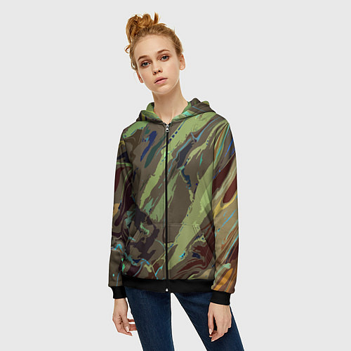 Женская толстовка на молнии Абстракция тон хаки / 3D-Черный – фото 3