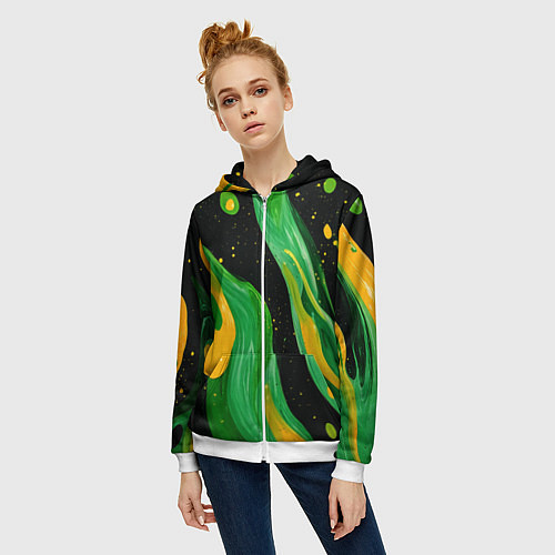 Женская толстовка на молнии Зелено-желтая краска на черном / 3D-Белый – фото 3