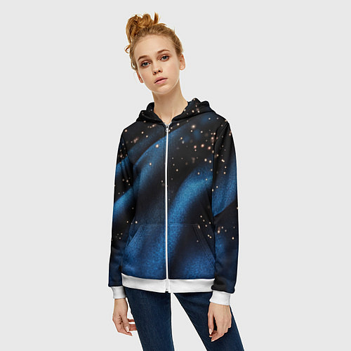 Женская толстовка на молнии Синяя волнистая текстура на черном / 3D-Белый – фото 3