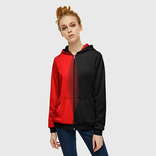 Женская толстовка на молнии Чёрно-красный пополам с переходом / 3D-Черный – фото 3
