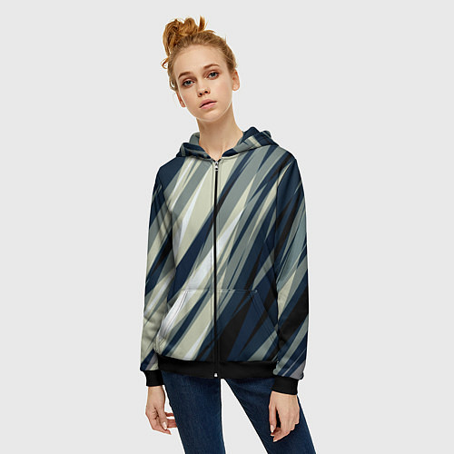 Женская толстовка на молнии Синий с оливковым диагональные полосы / 3D-Черный – фото 3