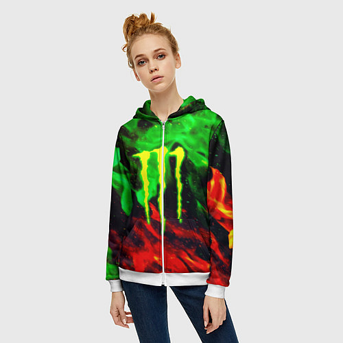 Женская толстовка на молнии Monster energy огонь лого / 3D-Белый – фото 3