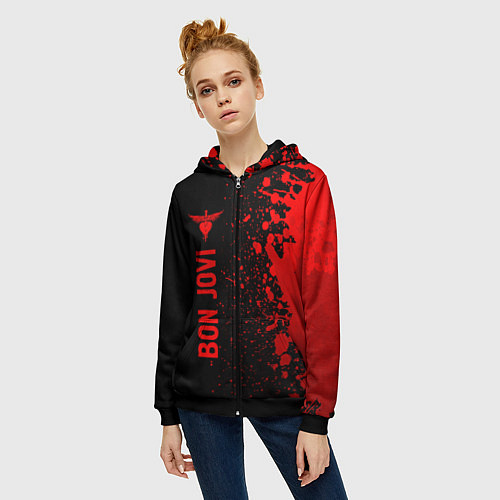 Женская толстовка на молнии Bon Jovi - red gradient по-вертикали / 3D-Черный – фото 3