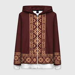 Толстовка на молнии женская Золотой узор на бордовом - вышиванка рубаха, цвет: 3D-белый