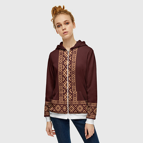 Женская толстовка на молнии Золотой узор на бордовом - вышиванка рубаха / 3D-Белый – фото 3