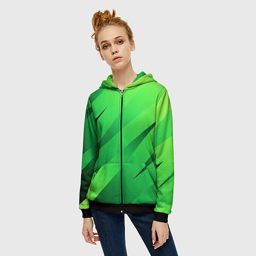 Женская толстовка на молнии Сочный зелёный абстрактные полосы / 3D-Черный – фото 3