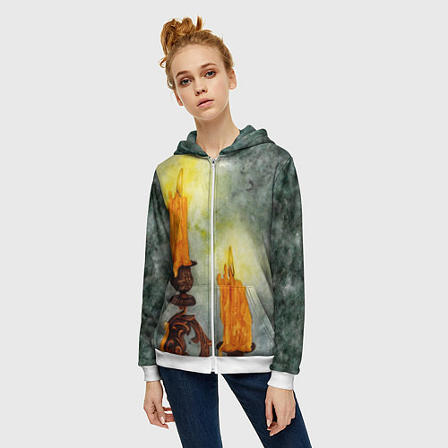Женская толстовка на молнии Две горящие свечи в темноте / 3D-Белый – фото 3