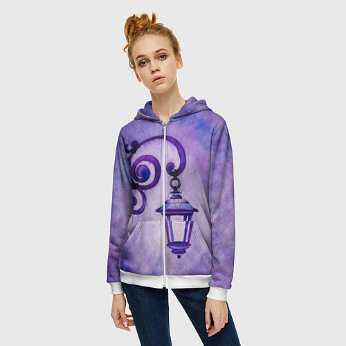 Женская толстовка на молнии Уличный фиолетовый фонарь / 3D-Белый – фото 3