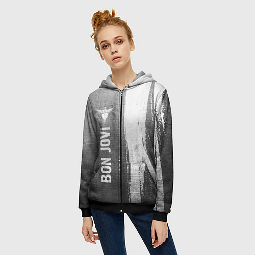 Женская толстовка на молнии Bon Jovi - grey gradient по-вертикали / 3D-Черный – фото 3