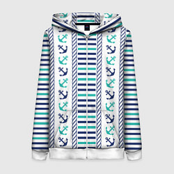 Толстовка на молнии женская Морской орнамент с якорями и полосками, цвет: 3D-белый