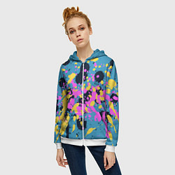 Толстовка на молнии женская Брызги краски розовой желтой и темно синей, цвет: 3D-белый — фото 2
