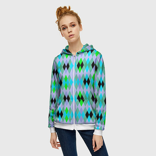 Женская толстовка на молнии Геометрический узор с разноцветными ромбами / 3D-Белый – фото 3