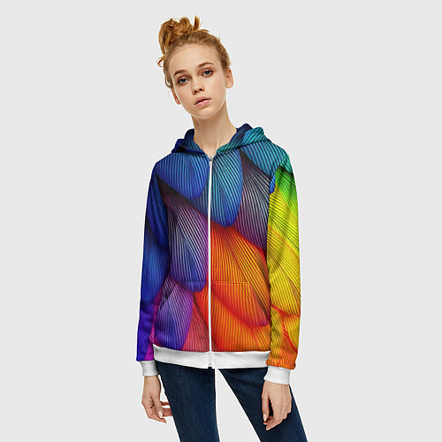 Женская толстовка на молнии Радужные перья попугая / 3D-Белый – фото 3
