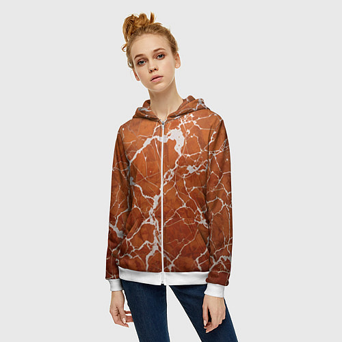 Женская толстовка на молнии Темно-оранжевый мрамор / 3D-Белый – фото 3
