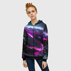 Толстовка на молнии женская Фентази город неон, цвет: 3D-черный — фото 2