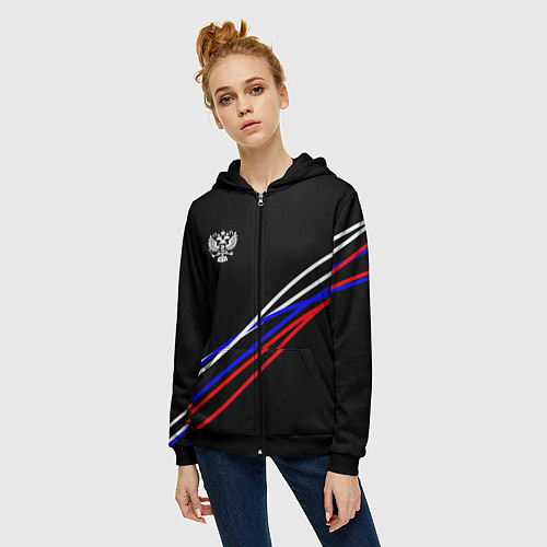 Женская толстовка на молнии Герб и полосы цветов флага на чёрном / 3D-Черный – фото 3